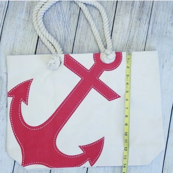 Canvas Tote With Red Anchor And Rope Handles - Picture 2 of 9